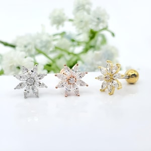 16G,20G,21G Elegant Large Flower with Sparkling CZ Stones Piercing, Surgical Steel Stud Cartilage Earring, Conch, Helix Piercing