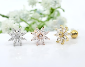 Flower CZ Cartilage Earring, Helix Tragus Conch Piercing, 16G Surgical Steel