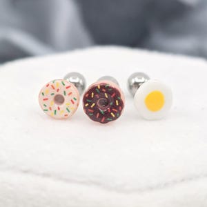16G Cute Breakfast Donut & Fried Egg Surgical Steel Stud Cartilage Earring, Helix, Conch Piercing, Playful Jewelry