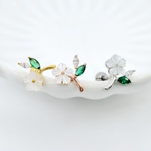 16G Shell Flower with Green Leaves Branch Surgical Steel Stud Piercing, Cartilage Earring, Conch, Helix Piercing