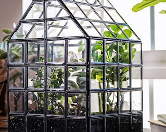 Vintage Glass Hanging Terrarium - Planter Mirror Base - Geometric ...