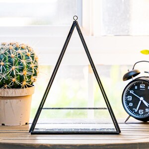 May include: A decorative black metal and glass terrarium in a triangular shape. A potted cactus, a black alarm clock, and a decorative glass bottle are also on the wooden surface. The scene is set near a window.