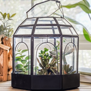 Grand terrarium cage à oiseaux UB avec base, verre, parfait pour : jardin d'intérieur, plantes succulentes, cactus, fougères, cadeaux de Noël et de mariage. (Noir)