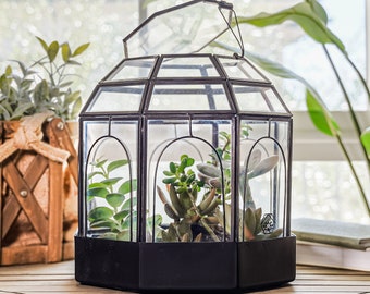 UB Large Birdcage Terrarium with Base, Glass, Perfect for: Indoor Garden, Succulents, Cacti, Fern, Christmas and Wedding Gifts. (Black)