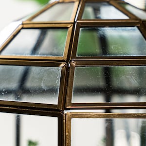 Peut inclure: Un terrarium en m&eacute;tal dor&eacute; et en verre avec un d&ocirc;me. Le terrarium est compos&eacute; de panneaux de verre transparents avec un cadre en m&eacute;tal dor&eacute;.