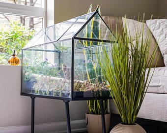 UB Oversize Terrarium Black Greenhouse with Stand, Glass, Steel, Perfect: Indoor Garden, Display Case, Anniversary, Birthday, Wedding Gifts