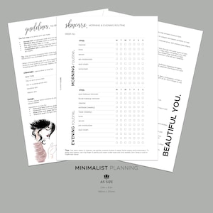 Può includere: Un planner di routine per la cura della pelle stampabile in bianco e nero con un elenco di controllo per le routine del mattino e della sera. Il planner include una sezione per il tipo di pelle, il detergente, il tonico e i passaggi per le routine del mattino e della sera. Il planner è etichettato "Pianificazione minimalista" ed è di formato A5, 5,8 pollici x 8,3 pollici, 148 mm x 210 mm.