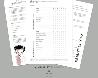 May include: Black and white printable skincare routine planner with a checklist for morning and evening routines. The planner includes a section for skin type, cleanser, toner, and steps for both morning and evening routines. The planner is labeled "Minimalist Planning" and is A5 size, 5.8in x 8.3in, 148mm x 210mm.