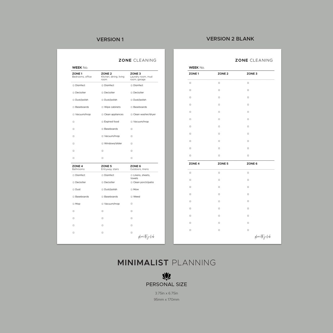 Zone Cleaning Minimalist PERSONAL SIZE Planner Insert, Modern Minimal ...