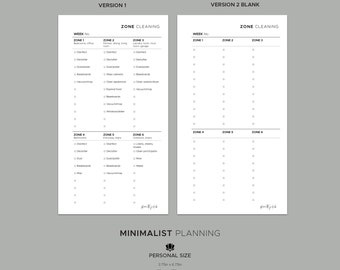 Zone Cleaning Minimalist PERSONAL SIZE Planner Insert, Modern Minimal Printable Planner