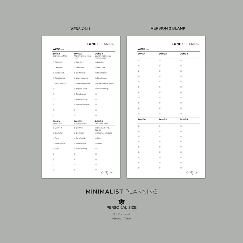 Zone Cleaning Minimalist PERSONAL SIZE Planner Insert Modern - Etsy