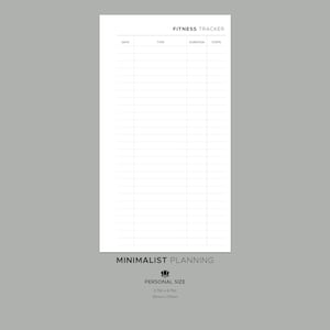 May include: A printable fitness tracker with columns for date, type, duration, and steps. The tracker is designed for personal size planners, measuring 3.75 inches by 6.75 inches or 95mm by 170mm.