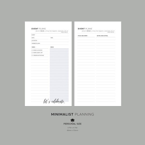 Event Planner Minimalistic PERSONAL SIZE Planner Insert, Modern Minimal Printable Planner