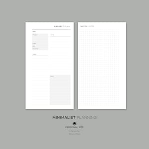 May include: A printable planner page with a project plan section, a sketch notes section, and the text "MINIMALIST PLANNING" and "PERSONAL SIZE 3.75in x 6.75in 95mm x 170mm".
