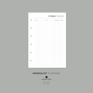 Könnte beinhalten: Ein weißes, druckbares Fitness-Tracker-Blatt mit Spalten für Datum, Typ, Dauer und Schritte. Das Blatt ist für einen Taschenplaner konzipiert und misst 3,25 Zoll mal 4,75 Zoll oder 83 mm mal 120 mm.