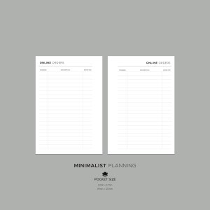 May include: Two blank printable pages for tracking online orders. Each page has columns for "Ordered", "Description", and "Expected". The pages are labeled "Online Orders". The text "Minimalist Planning" and "Pocket Size 3.25in x 4.75in 81mm x 120mm" is at the bottom of the image.