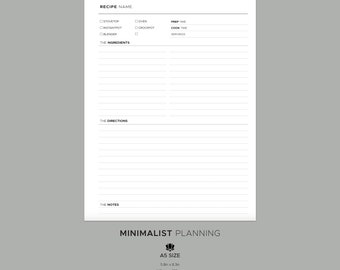 Recipe Printable A5 SIZE Planner Insert, Modern Minimal Printable Planner
