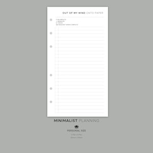 Puede incluir: Una página de planificador imprimible blanca con el texto "OUT OF MY MIND ONTO PAPER" en la parte superior. La página tiene una lista de tareas con casillas de verificación y una sección para notas. La página está diseñada para planificadores de tamaño personal, que miden 3,75 pulgadas por 6,75 pulgadas o 95 mm por 170 mm.