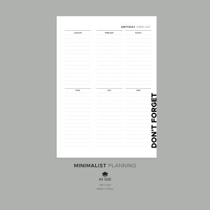 Birthday Card List Minimalist A5 Planner Insert, Modern Minimal Printable Planner