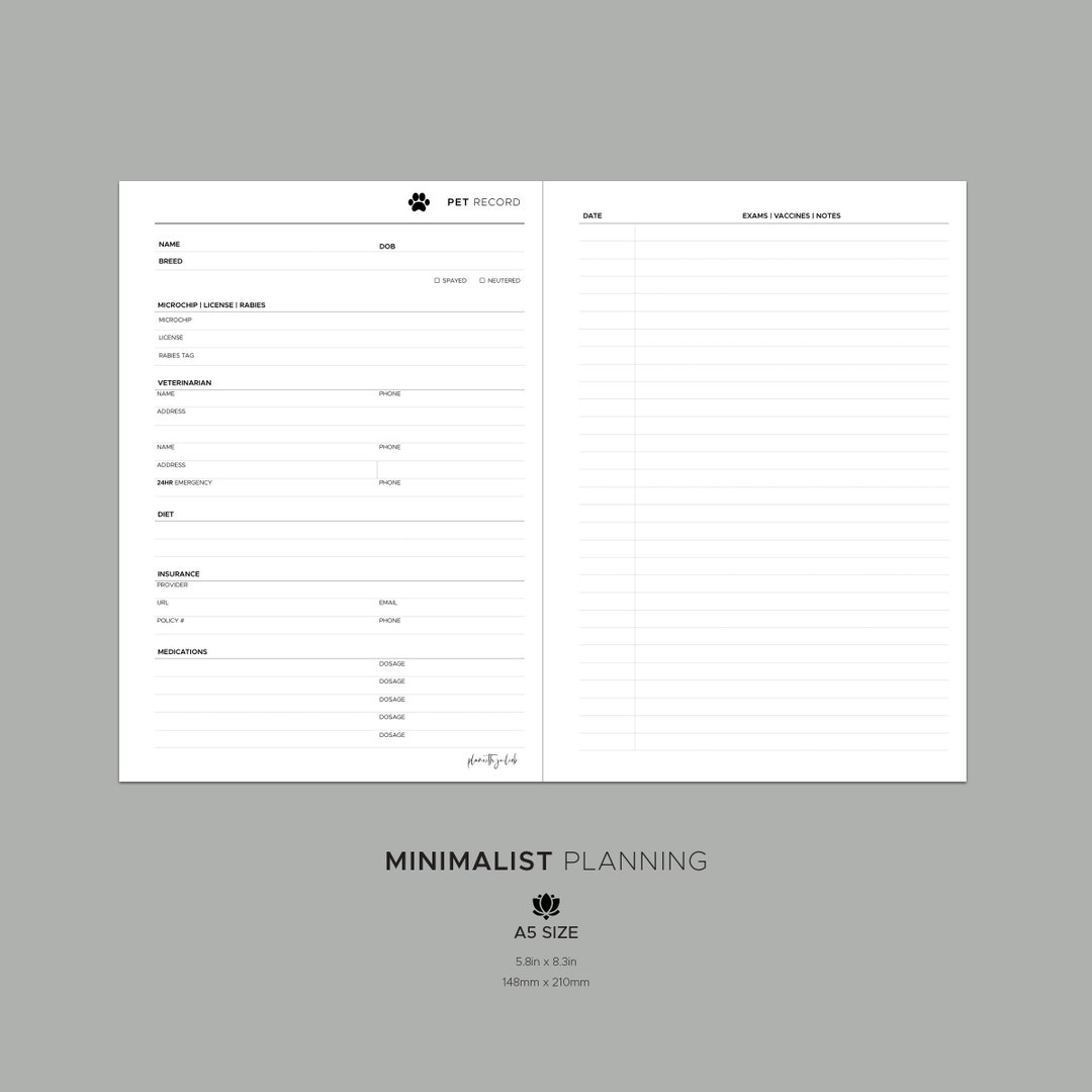 Pet Record A5 Planner Insert, Modern Minimal Printable Planner - Etsy