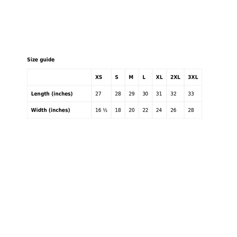 May include: Size guide for clothing with measurements in inches for XS, S, M, L, XL, 2XL, and 3XL sizes. The table shows the length and width of each size.