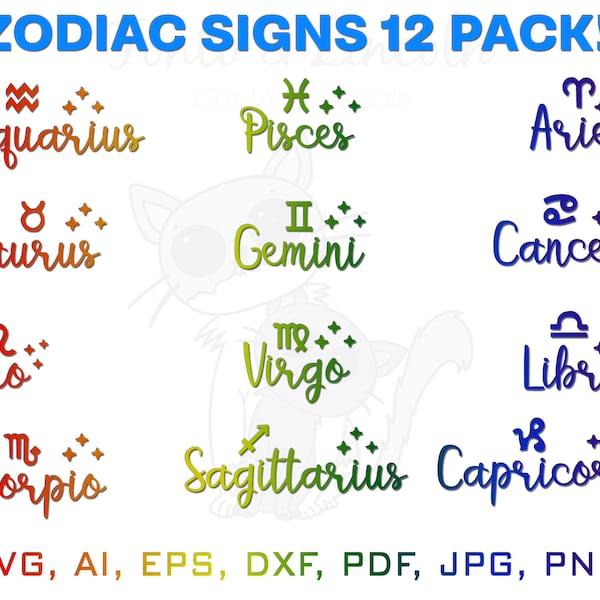 Zodiac Signs Svg 12 pack, Astrology Svg, Zodiac Svg, Zodiac Constellation Svg, Horoscope Svg, Pisces Svg, Leo Svg, Aries Svg, Virgo Svg, eps