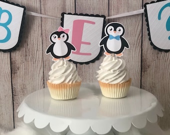 Waddle it be, Gender reveal decor, Penguin party, Baby shower, Boy or girl, Pink or blue reveal, Baby first birthday, Cupcake toppers