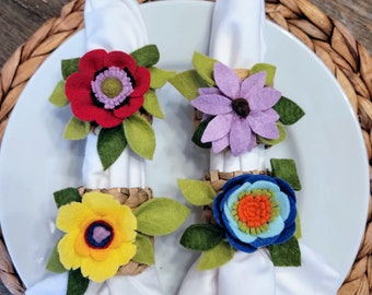 Felt Flower Napkin Rings with Flowers Colorful Wildflowers Napkin Holders Floral Table Decor Flower Place Setting Floral Napkin Ring Bulk