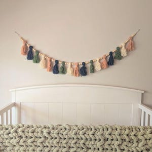 Boho tassel garland dusty pink wood bead garland for nursery green tassel above the crib garland beaded garland with navy tassel neutral