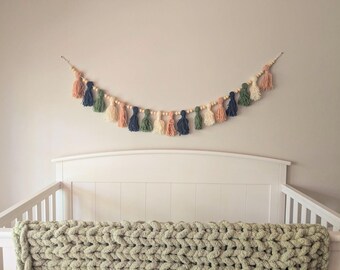 Boho tassel garland dusty pink wood bead garland for nursery green tassel above the crib garland beaded garland with navy tassel neutral
