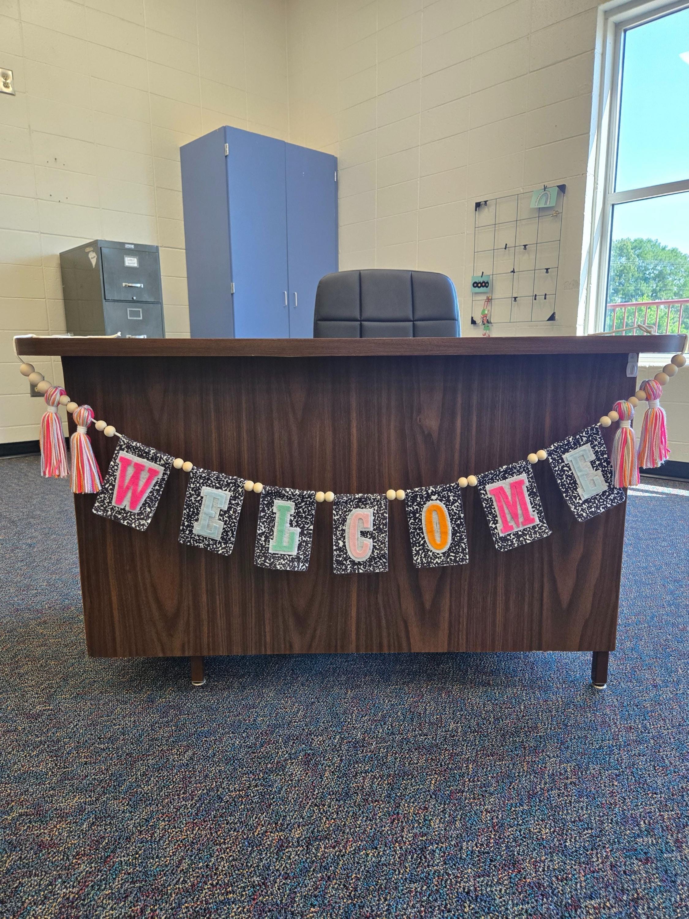Welcome Classroom Garland Light Pastel Color Custom Teacher Name Banner Composition Notebook Class Decor Personalized Bulletin Board Sign