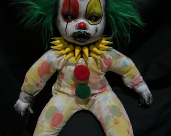 Colorful rainbow vintage bozo clown Baby doll Style Creepy scary horror retro with hand painted and deco. Size 15 inches for gift ideas.