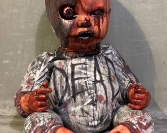 Limited! Silver robot hell boy skull Hand-Painted Horror Baby Doll – Vintage Style Creepy Gothic Collectible (15 Inch)