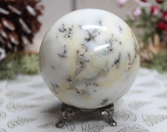 White Dendritic Agate Crystal Sphere: Polished Stone Ball from Brazil (77.3 mm)
