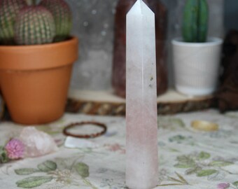 Rose Quartz All Polish Crystal Generator Point with Rainbow Foils and Faden Lines, 5.9 oz