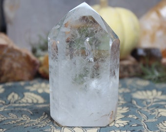Clear Quartz Crystal Tower: Polished Generator Point with Rainbow Inclusions