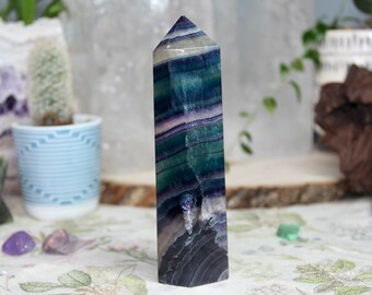 AAA+ Tricolor Banded Fluorite All Polish Generator Point with Rainbows from Brazil, 11.8 oz