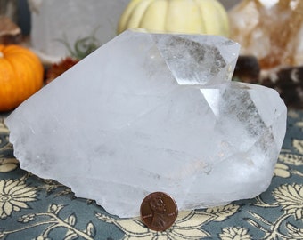 May include: A large, clear quartz crystal cluster with a faceted point. The crystal is resting on a patterned fabric and a US penny is placed next to it for scale.