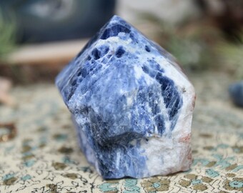 AA+ Sodalite Crystal Generator Point, 5.1 oz Raw Edge With Top Polish, from Brazil