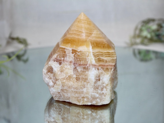 Honey Yellow Banded Calcite Crystal Tower, AAA+ 1.15 lb Top Polish and Raw Edge, Brazil, 18.3 oz from Brazil