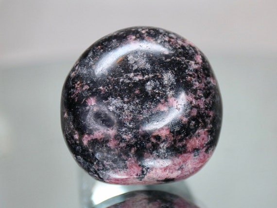 Rhodonite Crystal Polished Palmstone, AA Quality with Rainbows, 6.5 oz Large Tumbled Crystal from Brazil>