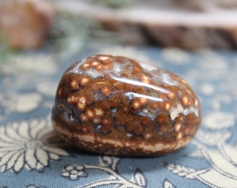 Può includere: Una pietra levigata e arrotondata con un motivo maculato di punti marroni, arancioni e bianchi. La pietra ha una superficie liscia e lucida. È probabilmente un oggetto decorativo o un esemplare naturale.