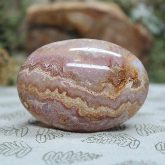 Rare AAA++ Natural Pink Lace Agate Crystal Palmstone, 5.1 oz Polished Large Palmstone, Hand Stone from Indonesia