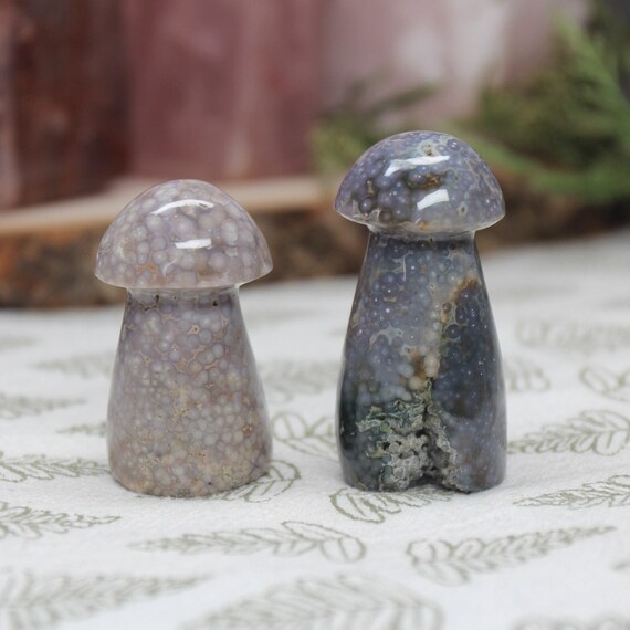 AAA+ Grape Agate Mushroom Pair with Druzy, 2.6 oz Carved Purple Crystal Mushrooms from Indonesia