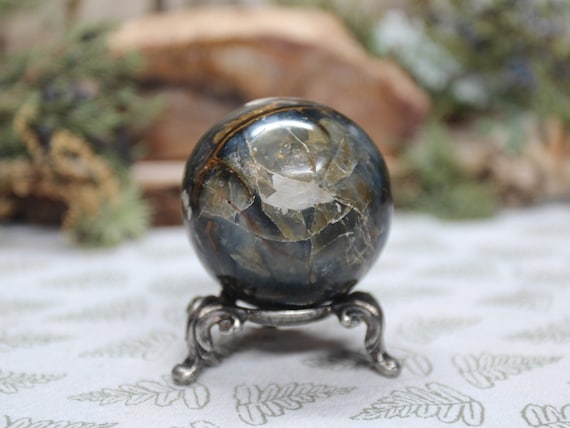 AAA+ 48.1 mm Blue Opal Crystal Sphere with Rainbows, 4.2 oz Polished Black and Blue Opal Crystal Ball from Indonesia