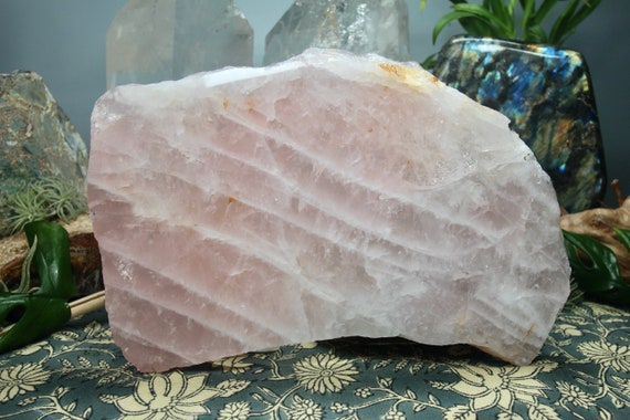 AA+ 3.84 lb Rose Quartz Crystal Slab with Faden Lines and Rainbows, Polished with Raw Edge, 61.5 oz from Brazil