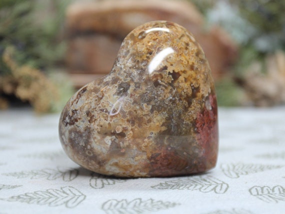 AA++ Sakura Plume Agate Crystal Heart, 5.6 oz Polished Carved Heart Stone from Indonesia