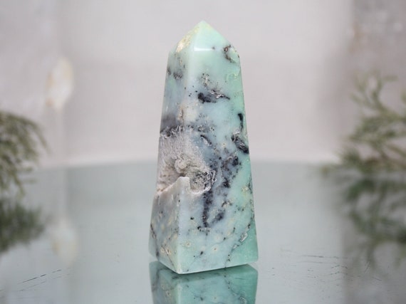 Dendritic Agate and Chrysoprase Crystal Obelisk, AA Quality Rare Stone, 4.7 oz Jasper Tower from Indonesia