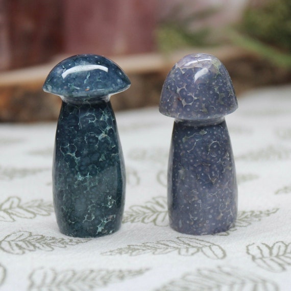 AA+ Grape Agate Mushroom Pair with Druzy, 1.7 oz Carved Purple Crystal Mushrooms from Indonesia