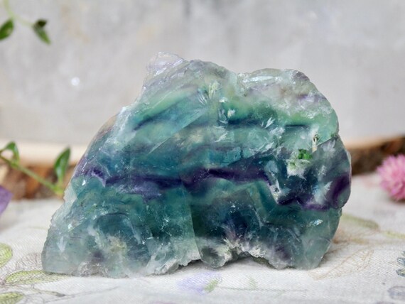 A+ Chevron Fluorite Crystal Slab from Mexico, 9.0 oz Crystal Slice with Rainbows